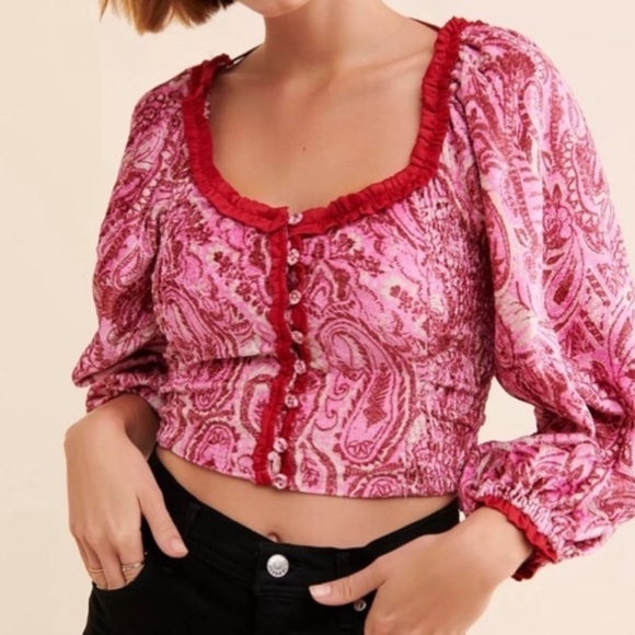 Free People Dare Me Velvet Smocked Blouse In Retro Combo. NWT! Sz S - Picture 1 of 12